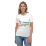 Women’s T-shirt featuring 'Leading Innovating Inspiring' quote, symbolizing empowerment and leadership.